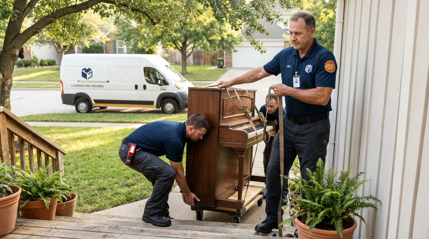 Licensed piano movers securing grand piano in Saint Peters, MO