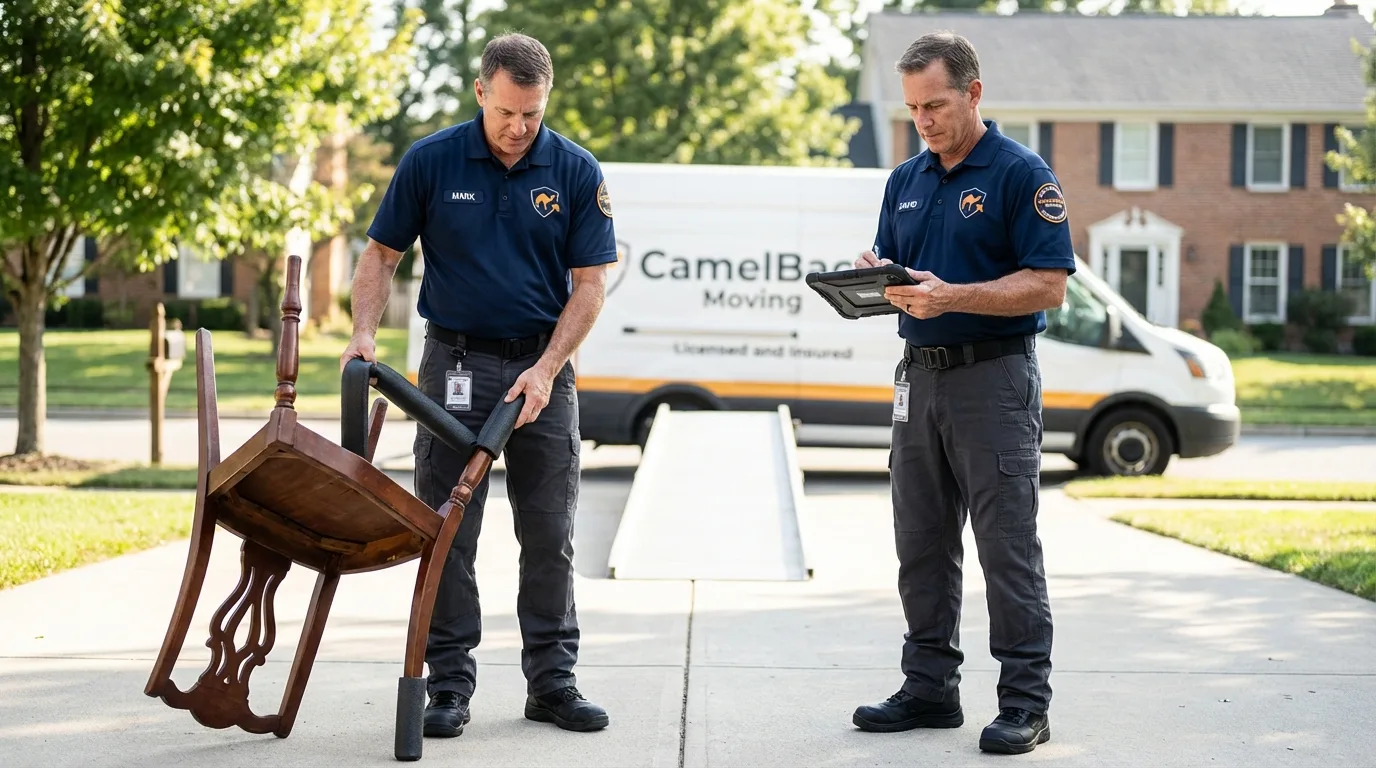 Movers inspecting furniture for damage prevention before loading in Saint Peters, MO