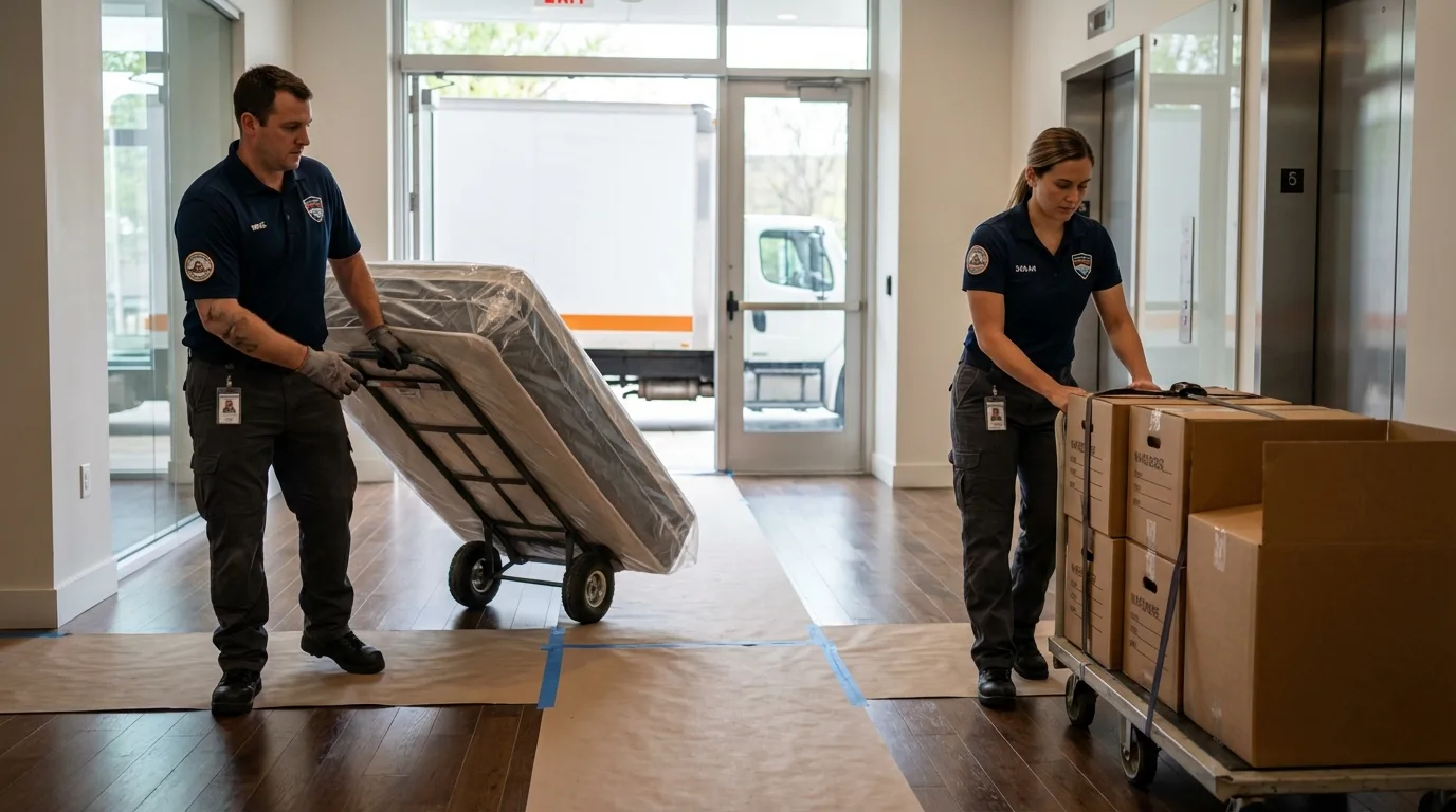 Professional apartment movers loading elevator in Saint Peters, MO