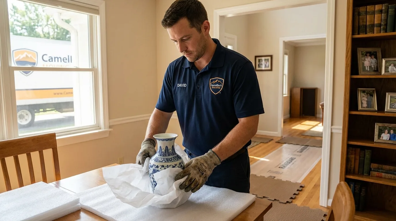 Professional crew carefully wrapping antique vase for senior downsizing move in Saint Peters, MO